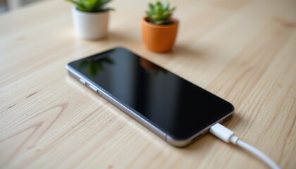 Charging smartphone on wooden table with succulent plants indoor setting minimalist perspective modern technology