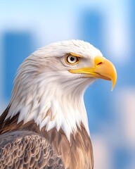 Obraz premium Close-up portrait of a majestic bald eagle, its head turned slightly to the right, against a blurred blue background
