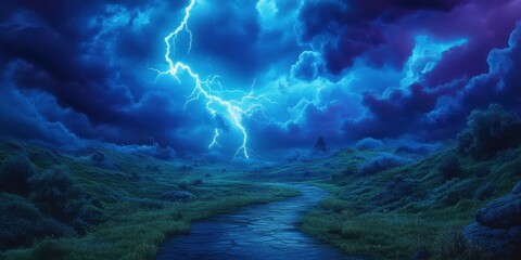 Obraz premium Dramatic thunderstorm over a serene, winding river valley.