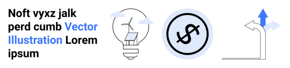 Light bulb with wind turbine inside, dollar sign in a circle, and directional arrow. Ideal for sustainability, green energy, investment, economics, strategy, innovation simple landing page