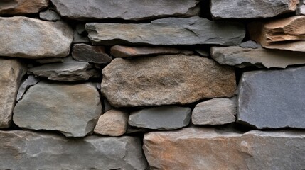 Close-up view of a stone wall, featuring various sizes and shades of gray and brown stones.  The stones are irregular in shape and fit tightly together