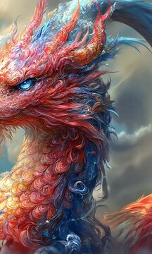 Dragon portrait Colorful scales, horns, and blue eyes against cloudy sky