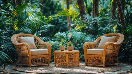 Obraz premium Outdoor wicker furniture set in lush garden