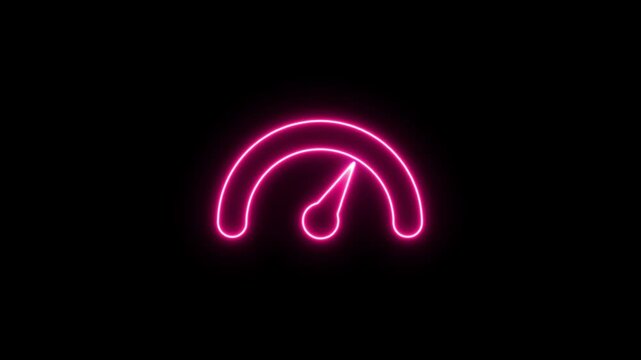 Glowing neon speedometer.Car mileage, measuring kilometers. Circle speed control. Animation of glowing neon Electric Car Speedometer icon isolated .Energy meter icon.