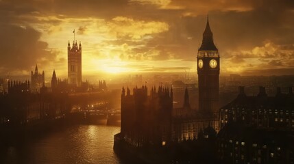 Fototapeta premium Golden hour cityscape over a historic European city.
