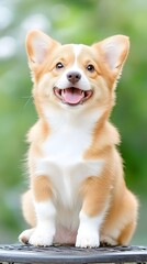 Obraz premium Happy, fluffy, fawn and white puppy sits outdoors, tongue out, smiling