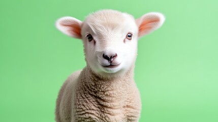 Fototapeta premium Cute young lamb looking directly at the camera against a solid green studio background.