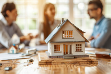 BUSTLING stunning house model takes center stage on bustling beautifully crafted wooden meeting table, while bustling real estate agent and client engage in bustling productive conversation about favo