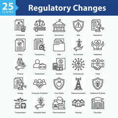 Regulatory Changes is a collection of icons in sheet format illustrating international regulations, industry compliance, and oversight across sectors like health, energy, and technology.	