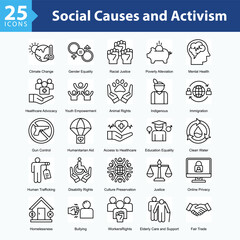 Social Causes and Activism is a collection of icons in sheet format illustrating global social issues, human rights movements, and sustainability campaigns supporting positive societal change.	
