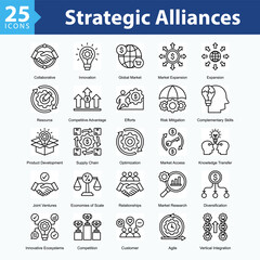 Strategic Alliances is a collection of icons in sheet format representing business growth through innovation, collaboration, risk analysis, and strategic decision-making in modern markets.	
