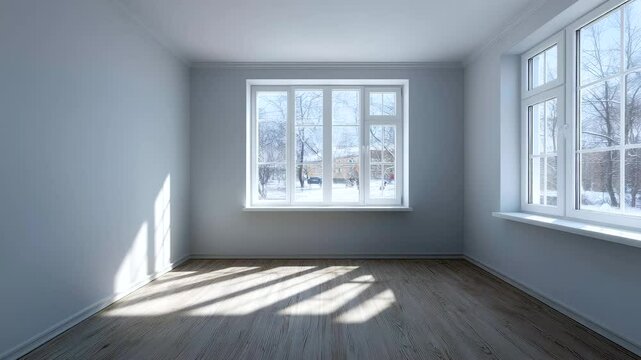 Empty room with large window and wooden floor bathed in bright natural light, timelapse shadow casting dynamic interior winter scene