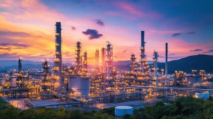 Fototapeta premium illuminated petrochemical facility at twilight with warm sunlight illuminating the complex infrastructure and creating a captivating view, conveying the scale and power of modern industry