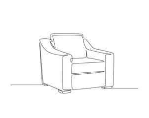 Cosy sofa armchair outline drawing illustration. one continuous line drawing of armchair furniture.