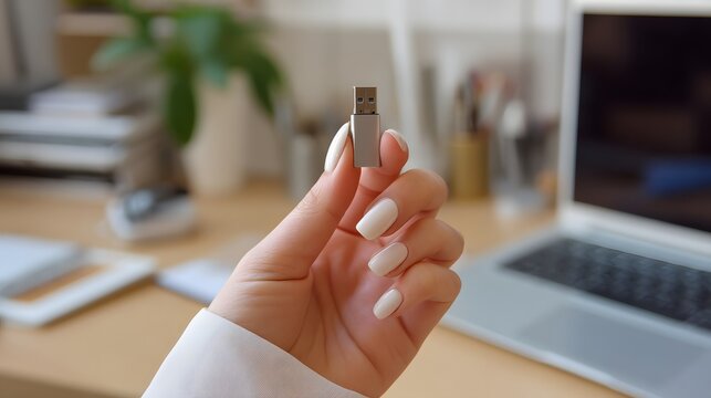 Woman's Hand Holding a Small USB Flash Drive