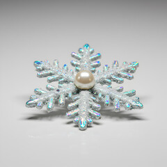Crystal Snowflake with Pearl Center on Light Gray Background