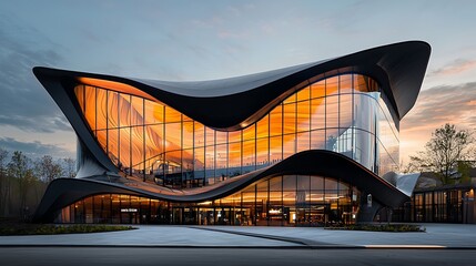 Modern, organic architecture at sunset.  Dynamic glass and metal facade