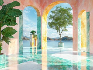 Pastel archways frame a tranquil lakeside retreat.