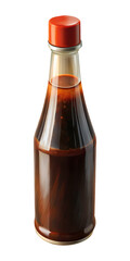 Delicious teriyaki sauce presented inside a clear glass bottle with red lid