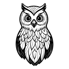 Detailed monochrome illustration of a stylized owl with ornate plumage design