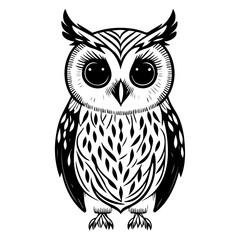 Stylized monochrome owl illustration with intricate feather details and bold outlines