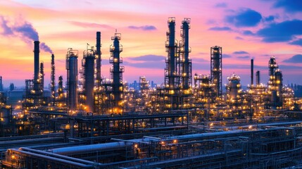 Obraz premium illuminated industrial complex at dusk, showcasing intricate pipeline networks, towering refinery columns, and soft orange and purple hues from the setting sun
