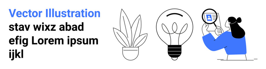 Woman examines data with magnifying glass, light bulb illustrates ideas, houseplant symbolizes growth. Ideal for business, innovation, research, creativity, analytics, eco-friendly themes flat