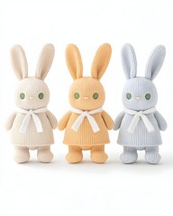 Three adorable knitted bunny plushies in pastel colors, each wearing a small white ribbon