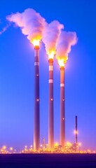Fototapeta premium Three tall industrial smokestacks emitting glowing fumes against a twilight sky, with a smaller structure in the foreground and faint ground lights