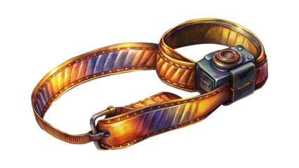 Close up image of a golden arm band with a device attached