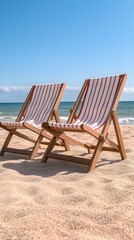Two red-and-white striped beach chairs on a sandy beach under a clear blue sky