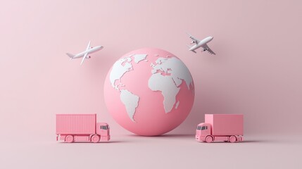 Global Logistics Concept with Pink Trucks and Airplanes Around the Earth on Soft Pink Background