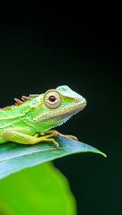 Obraz premium Vibrant green lizard perched on a broad, dark green leaf against a black background