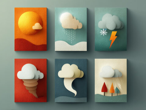 Colorful weather icons in textured style depict sun, cloud, raindrop, snowflake, lightning, and tornado. Each icon is on separate panel