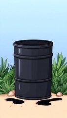 A black metal drum sits on sandy ground amidst greenery, with dark liquid spilled nearby, suggesting leakage or disposal