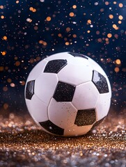 Fototapeta premium A black and white soccer ball sits on gold glitter, with sparkling lights falling around it