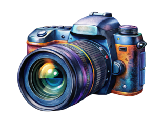 Digital single lens reflex camera in a watercolor style representation