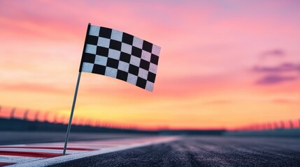 Checkered Flag on Racing Track at Sunset with Colorful Sky and Dramatic Lighting