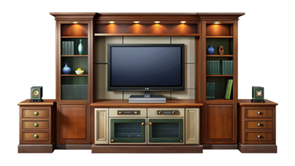 Elegant living room entertainment center and bookcases with warm lighting effect