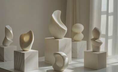 A collection of minimalist geometric sculptures in various shapes, smooth, rounded, made with smooth surfaces and modern abstract designs.