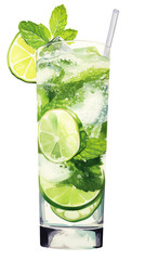 Refreshing Lime and Mint Mocktail with Ice Cubes – Isolated on White Background