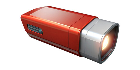 Sleek Modern Red and Silver Flashlight with Emitting Light Isolated on White