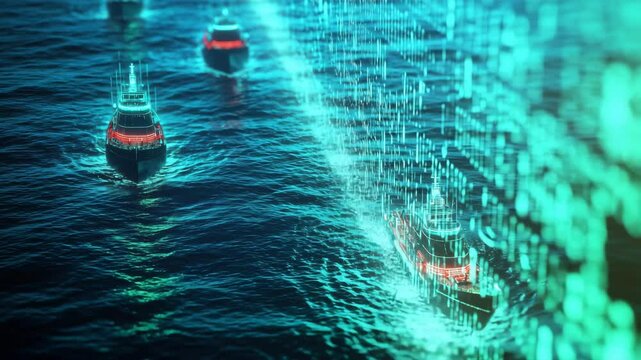 Futuristic autonomous ship with artificial intelligence, digital data, and technology navigating ocean night, showcasing innovation maritime transport, cyber security, and modern navigation concepts