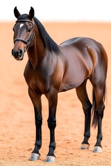Obraz premium A chestnut horse stands calmly on a sandy arena, wearing a bridle Its coat is sleek and well-groomed