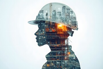 Creative illustration of construction engineer with digital background symbolizing innovation, planning, and modern technology
