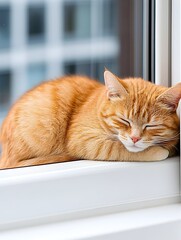 A ginger cat naps peacefully on a windowsill, basking in soft light