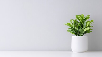 Minimalist plant in white pot against a light gray wall (1)