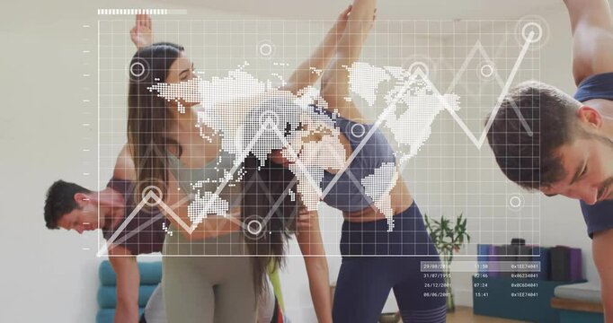 Group of yogis performing side-plank stretch in bright fitness studio, with animated world-map grid