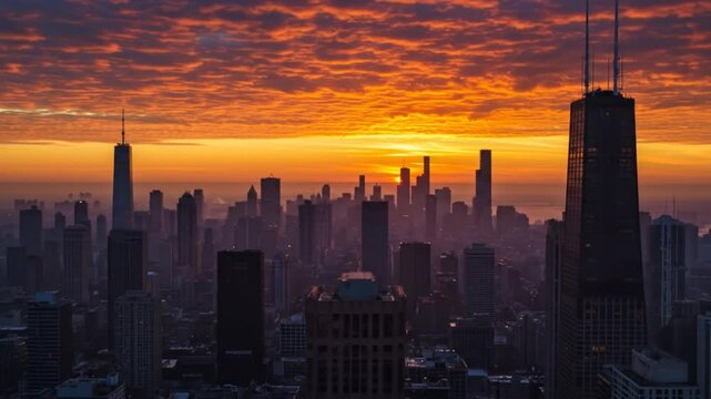 Dramatic City Skyline at Colorful Sunset