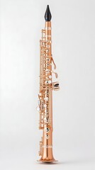 A rose gold soprano saxophone with a black mouthpiece, shown against a white background